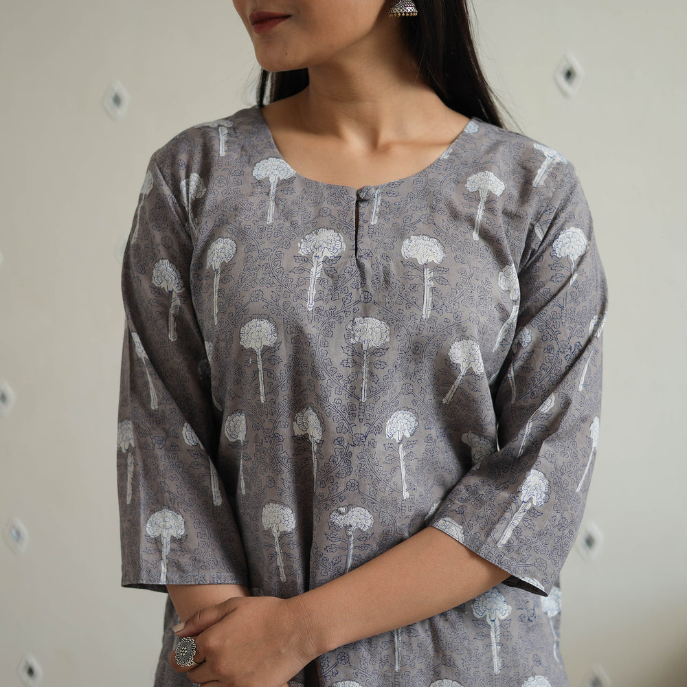 Grey - Hand Block Printed Cotton Straight Bagru Kurta 06