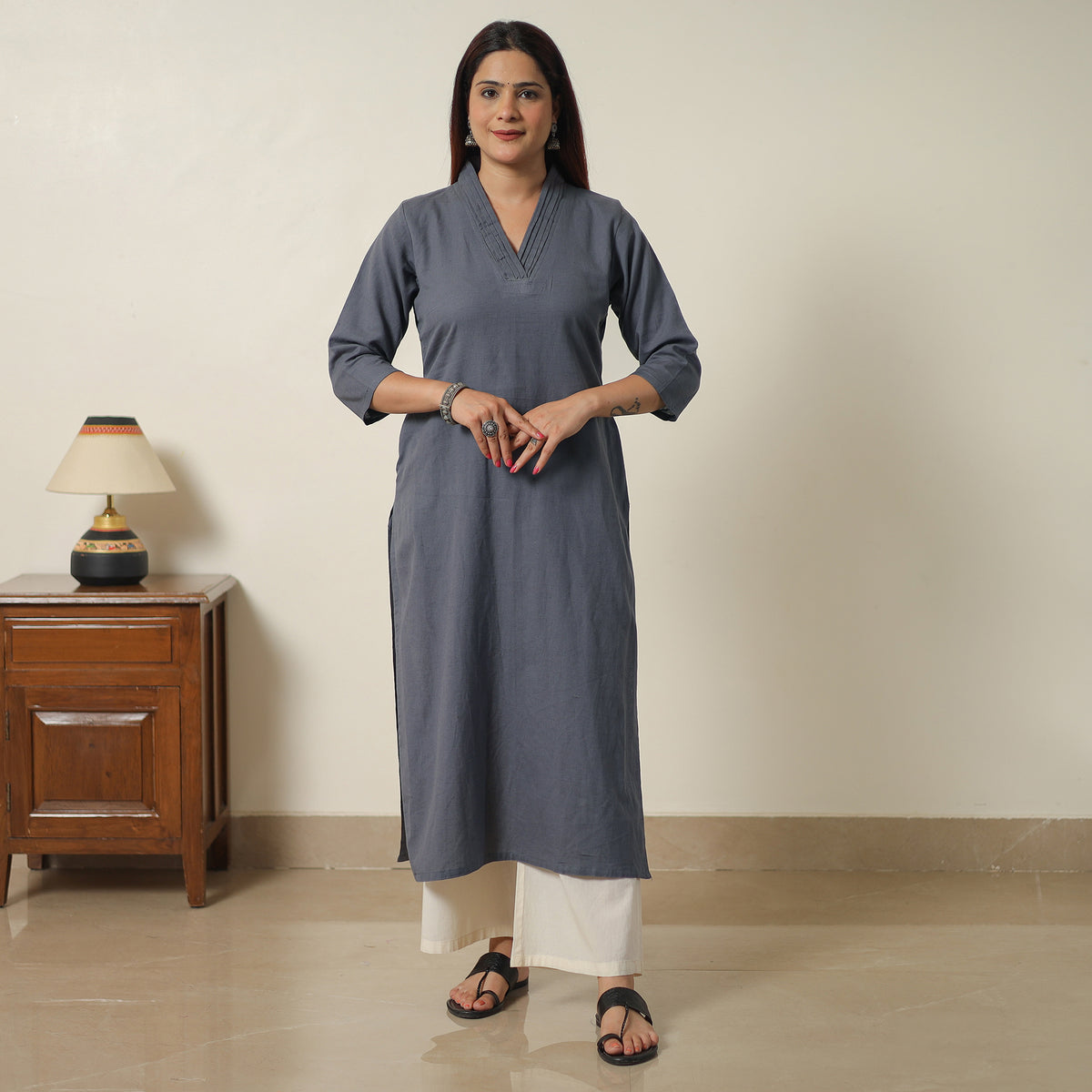 Dark Grey - Plain Flex Cotton Long Straight Kurta 22