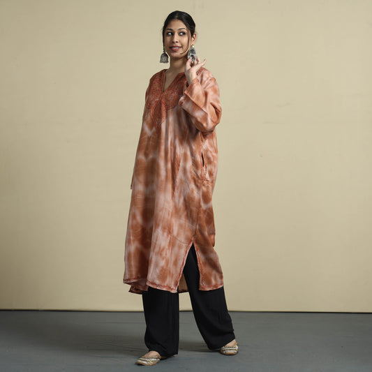 Brown - Shibori Tie-Dye Aari Embroidery Kashmiri Wool Pheran