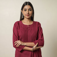 Maroon - Plain Cotton Pintuck Long Kurta 21