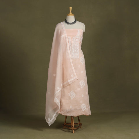 Peach 2pc Kota Doria Cotton Unstitched Chikankari Dress Material