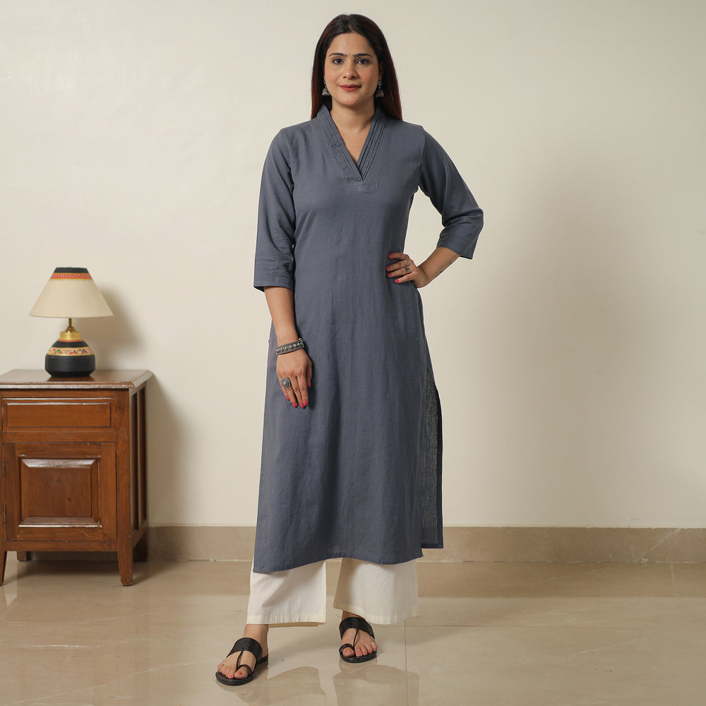 Dark Grey - Plain Flex Cotton Long Straight Kurta 22