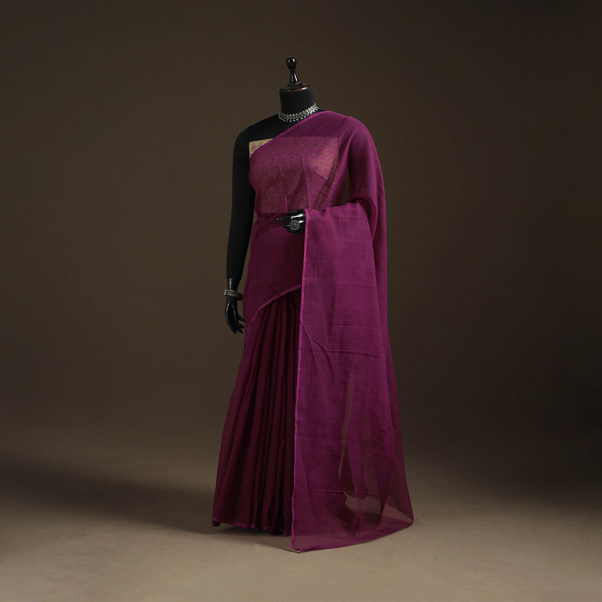 Purple - Nazaakat Kota Doria Cotton Plain Saree with Blouse Piece & Earrings 10