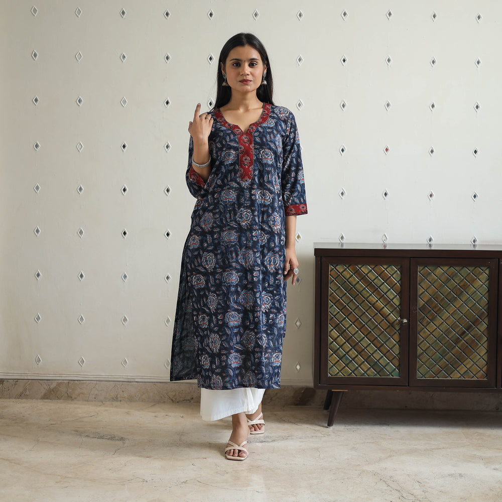 Blue - Jahota Block Print Cotton Straight Kurta 18