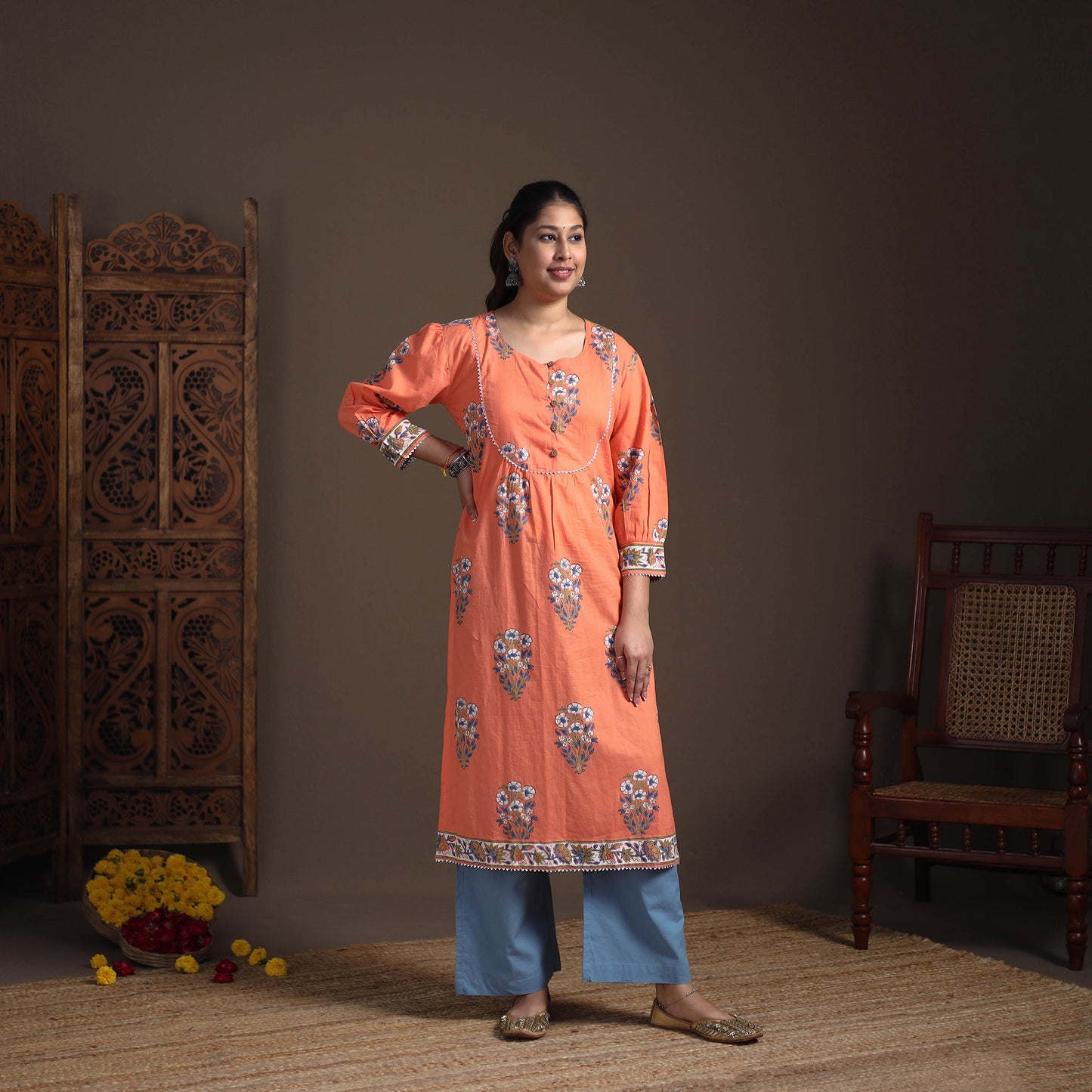 Gota Work Floral Sanganeri Block Print Cotton Straight Long Kurta for Women 06