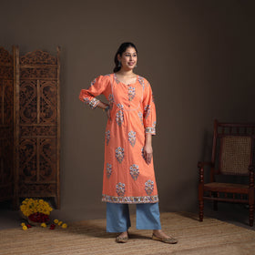 Gota Work Floral Sanganeri Block Print Cotton Straight Long Kurta for Women 06
