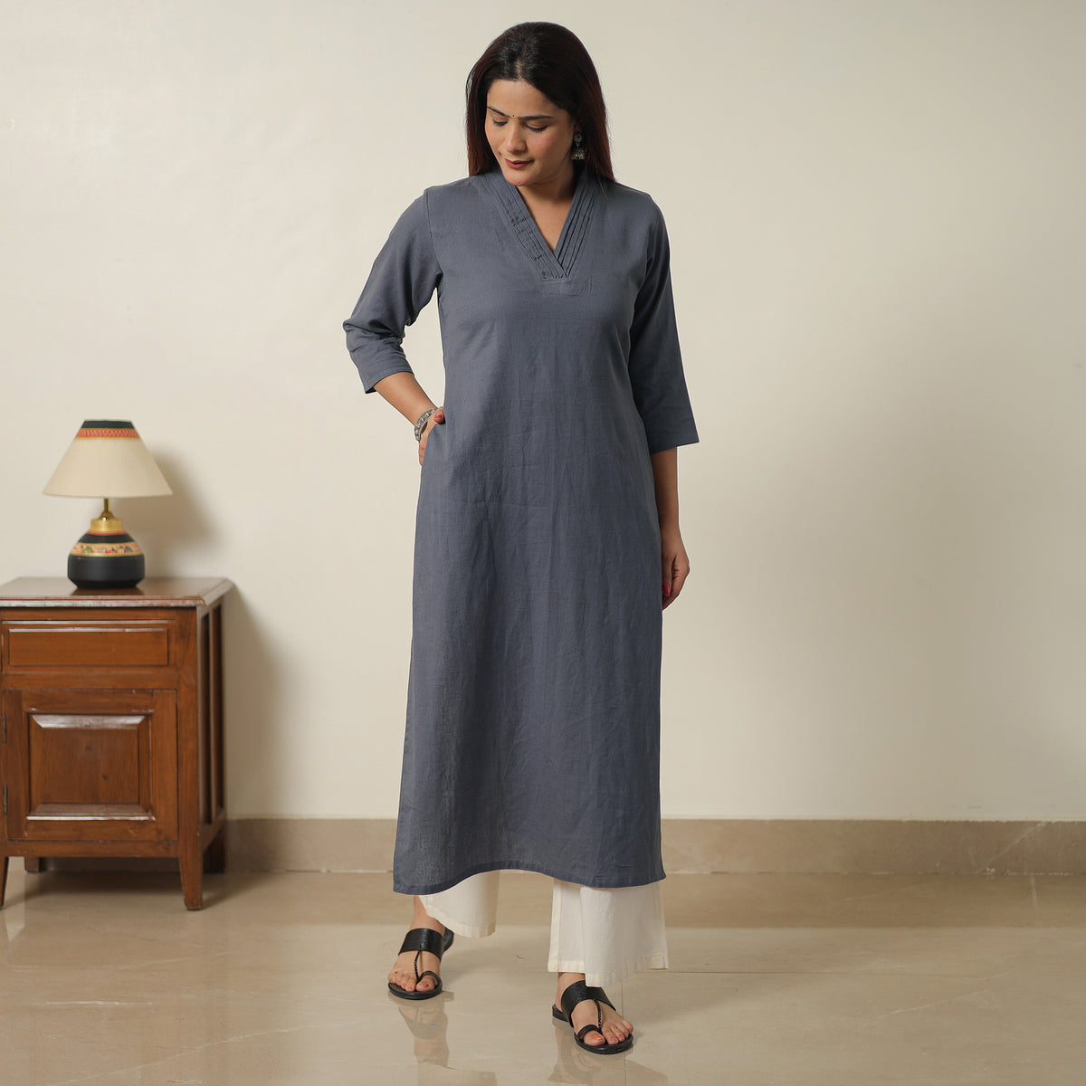 Dark Grey - Plain Flex Cotton Long Straight Kurta 22