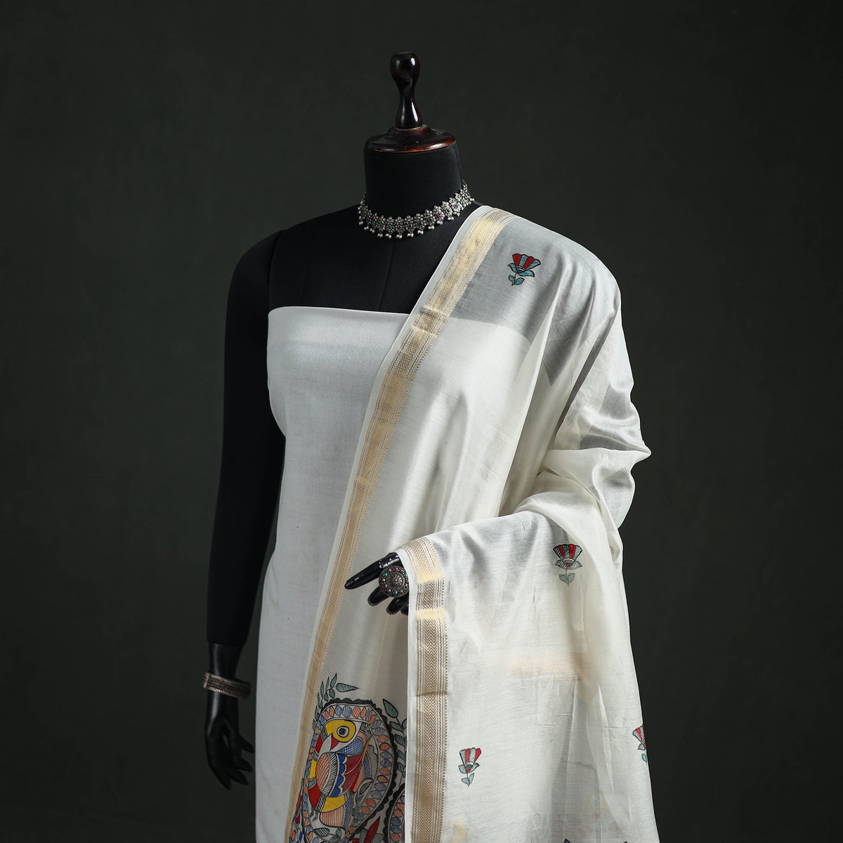 Handloom Chanderi Silk Handpainted Madhubani Dupatta with Zari Border 34
