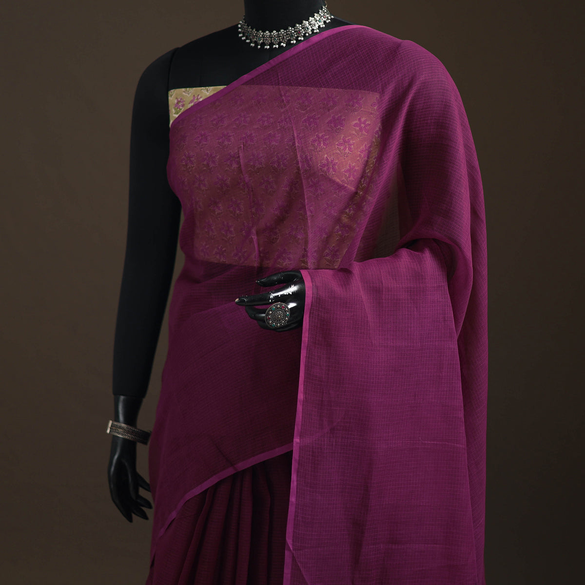 Purple - Nazaakat Kota Doria Cotton Plain Saree with Blouse Piece & Earrings 10