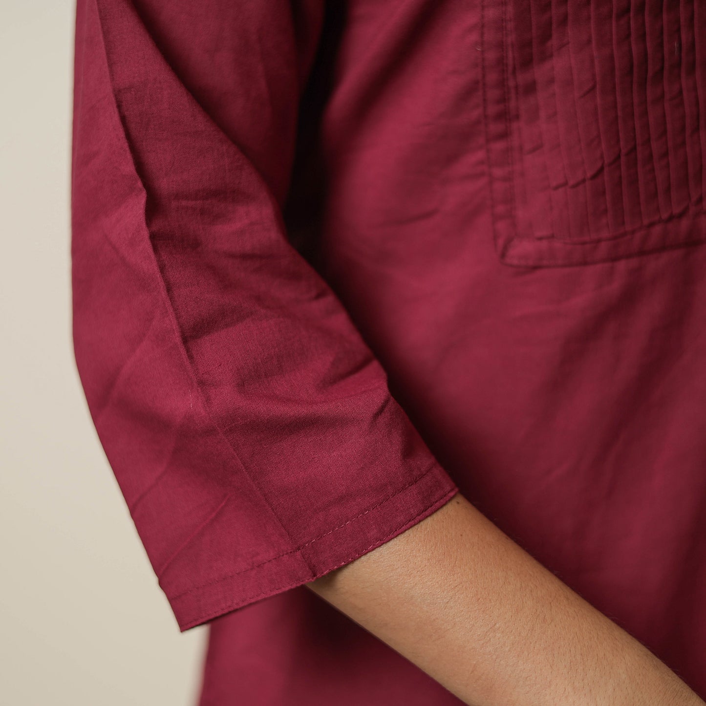 Maroon - Plain Cotton Pintuck Long Kurta 21