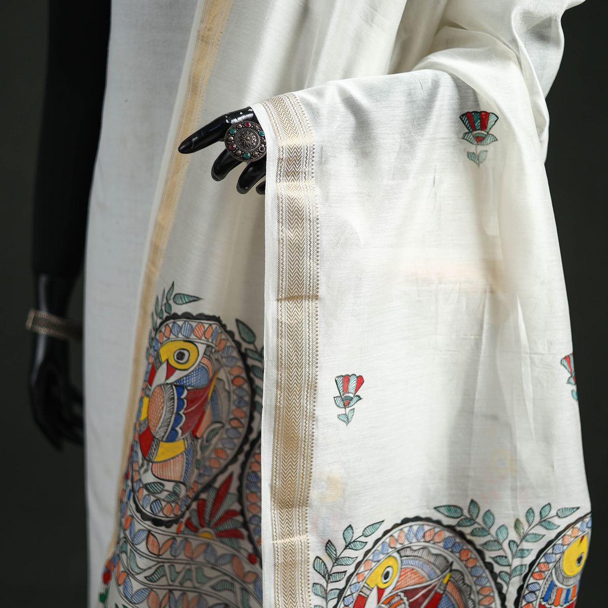 Handloom Chanderi Silk Handpainted Madhubani Dupatta with Zari Border 34