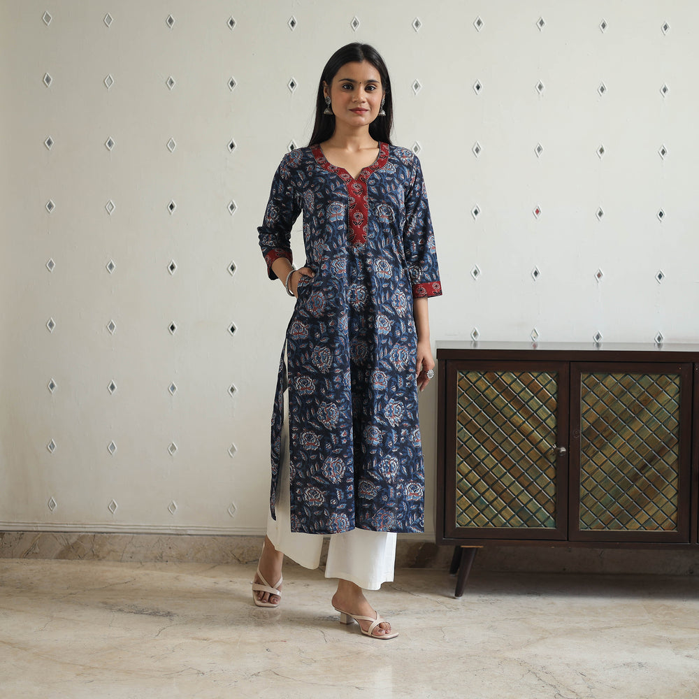 Blue - Jahota Block Print Cotton Straight Kurta 18