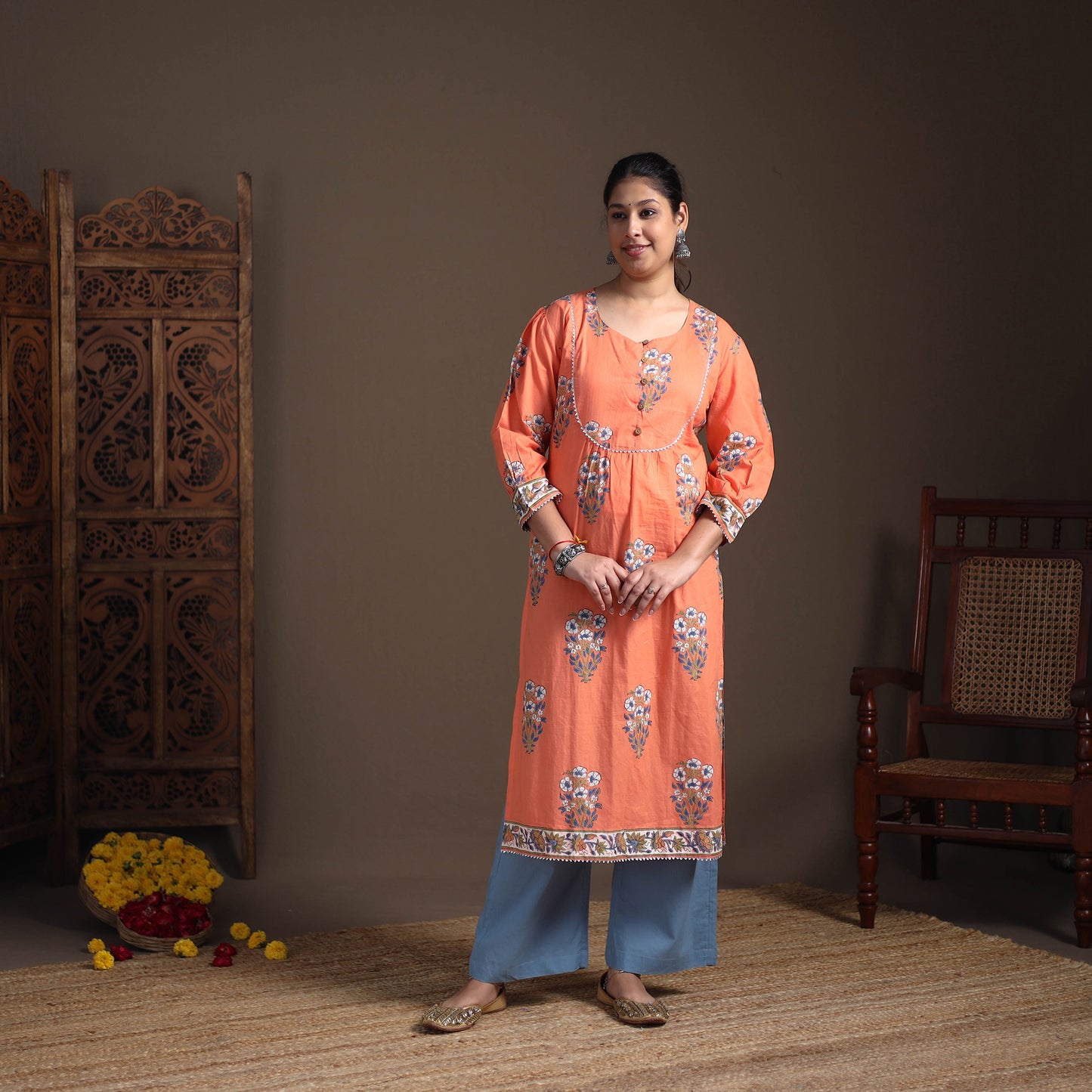 Gota Work Floral Sanganeri Block Print Cotton Straight Long Kurta for Women 06