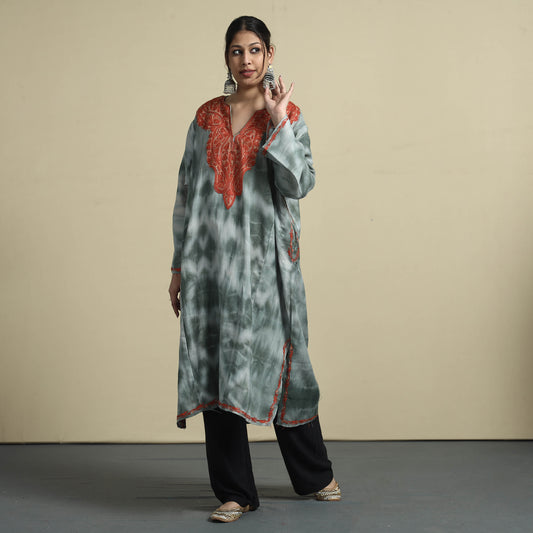 Grey - Shibori Tie-Dye Aari Embroidery Kashmiri Wool Pheran