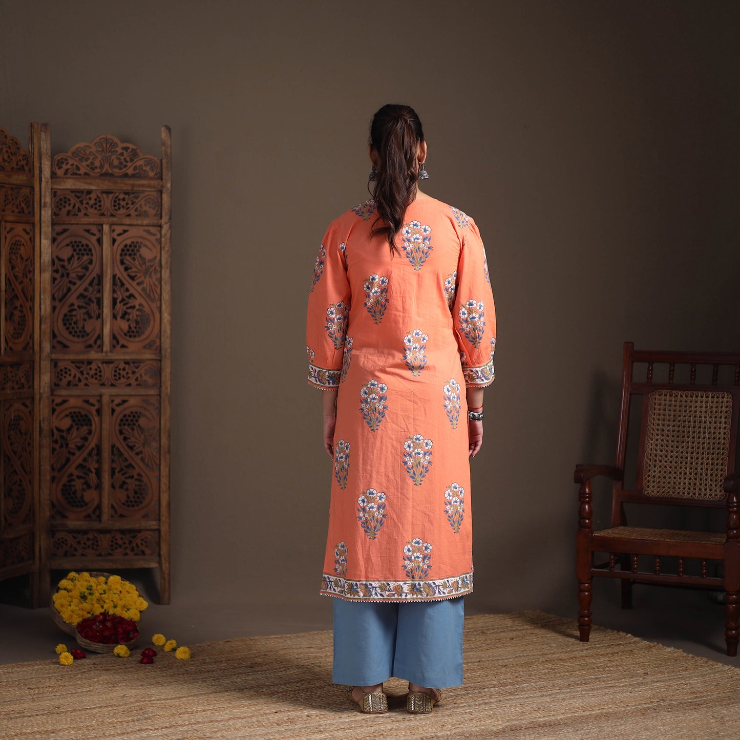 Gota Work Floral Sanganeri Block Print Cotton Straight Long Kurta for Women 06
