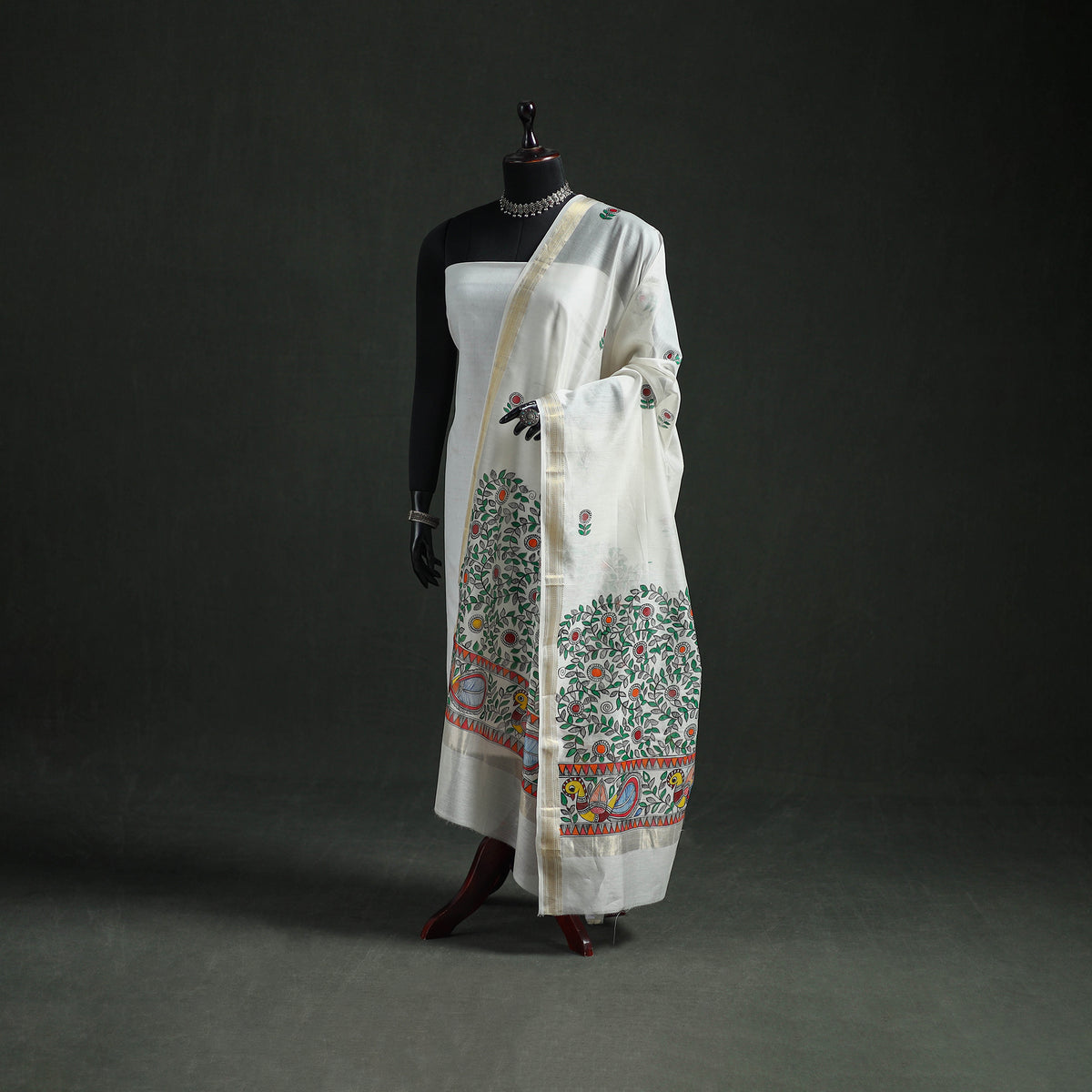 Handloom Chanderi Silk Handpainted Madhubani Dupatta with Zari Border 35