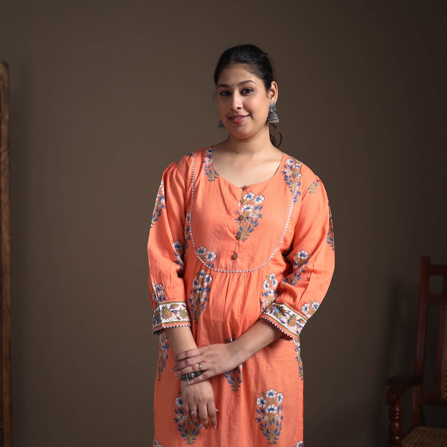 Gota Work Floral Sanganeri Block Print Cotton Straight Long Kurta for Women 06