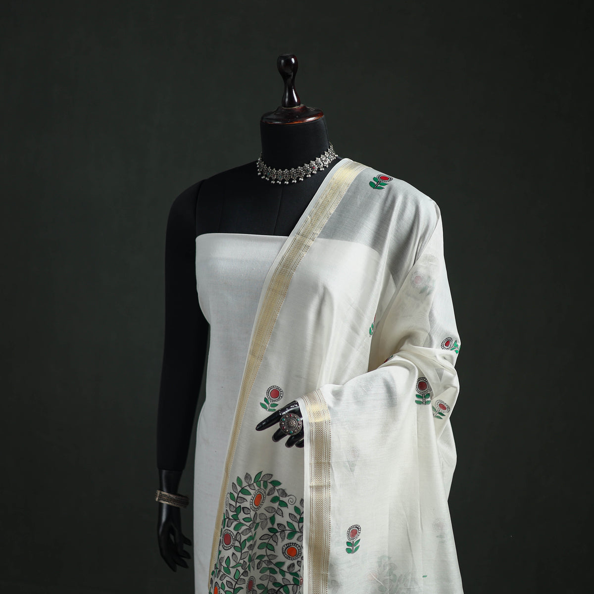 Handloom Chanderi Silk Handpainted Madhubani Dupatta with Zari Border 35