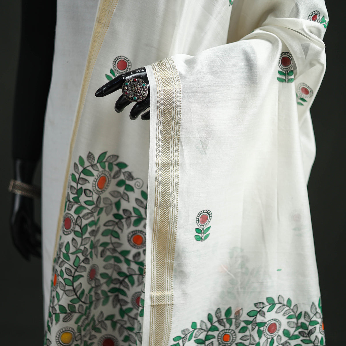 Handloom Chanderi Silk Handpainted Madhubani Dupatta with Zari Border 35