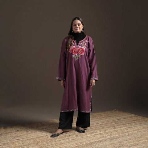 Purple - Kashmiri Aari Hand Embroidered Handwoven Merino Wool Pheran 14