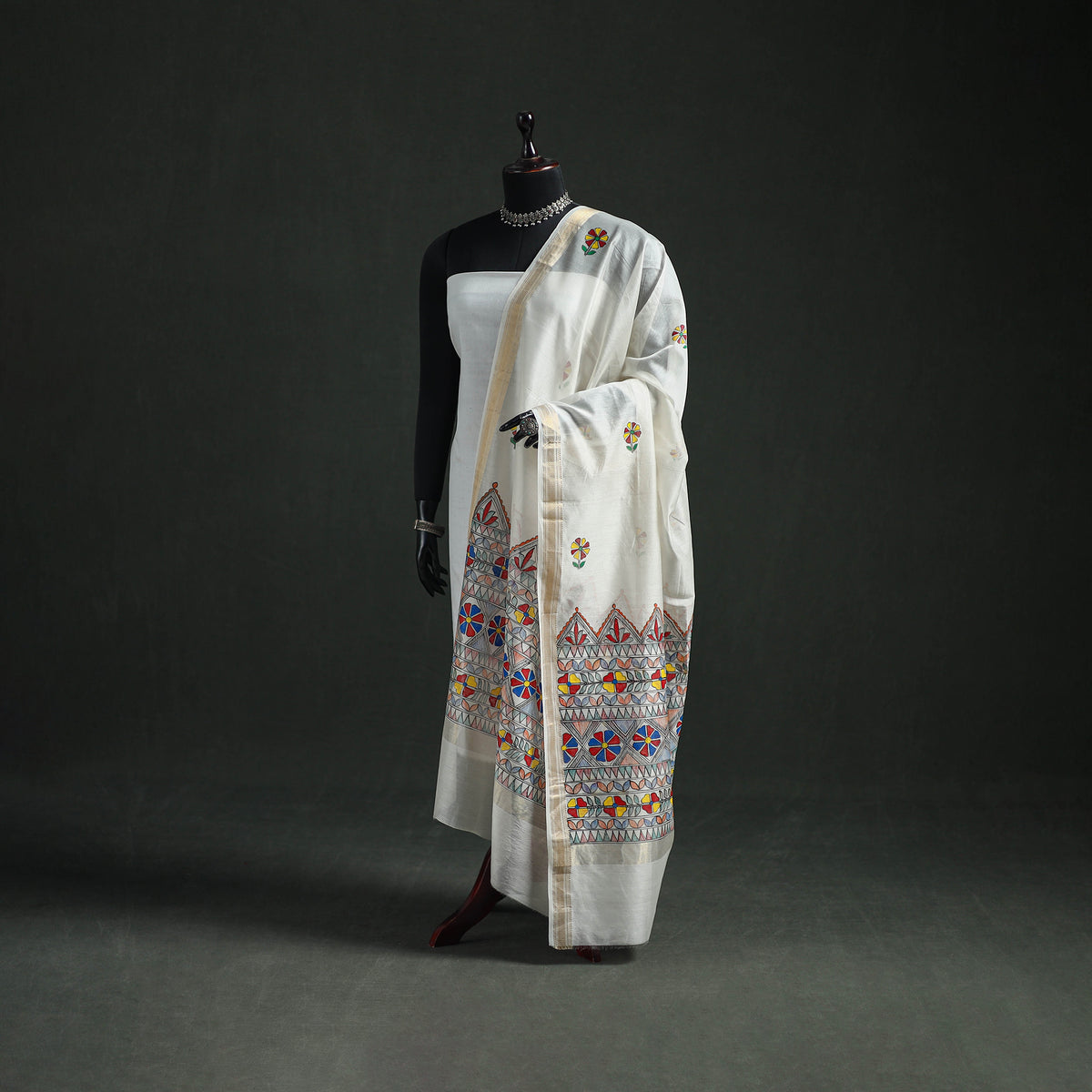 Handloom Chanderi Silk Handpainted Madhubani Dupatta with Zari Border 36