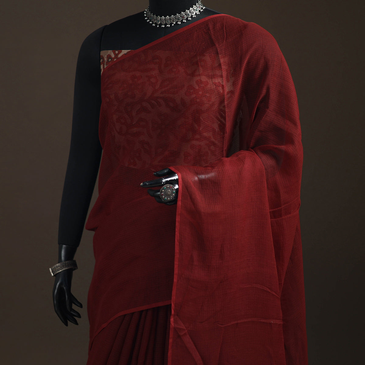Maroon - Nazaakat Kota Doria Cotton Plain Saree with Blouse Piece & Earrings 11