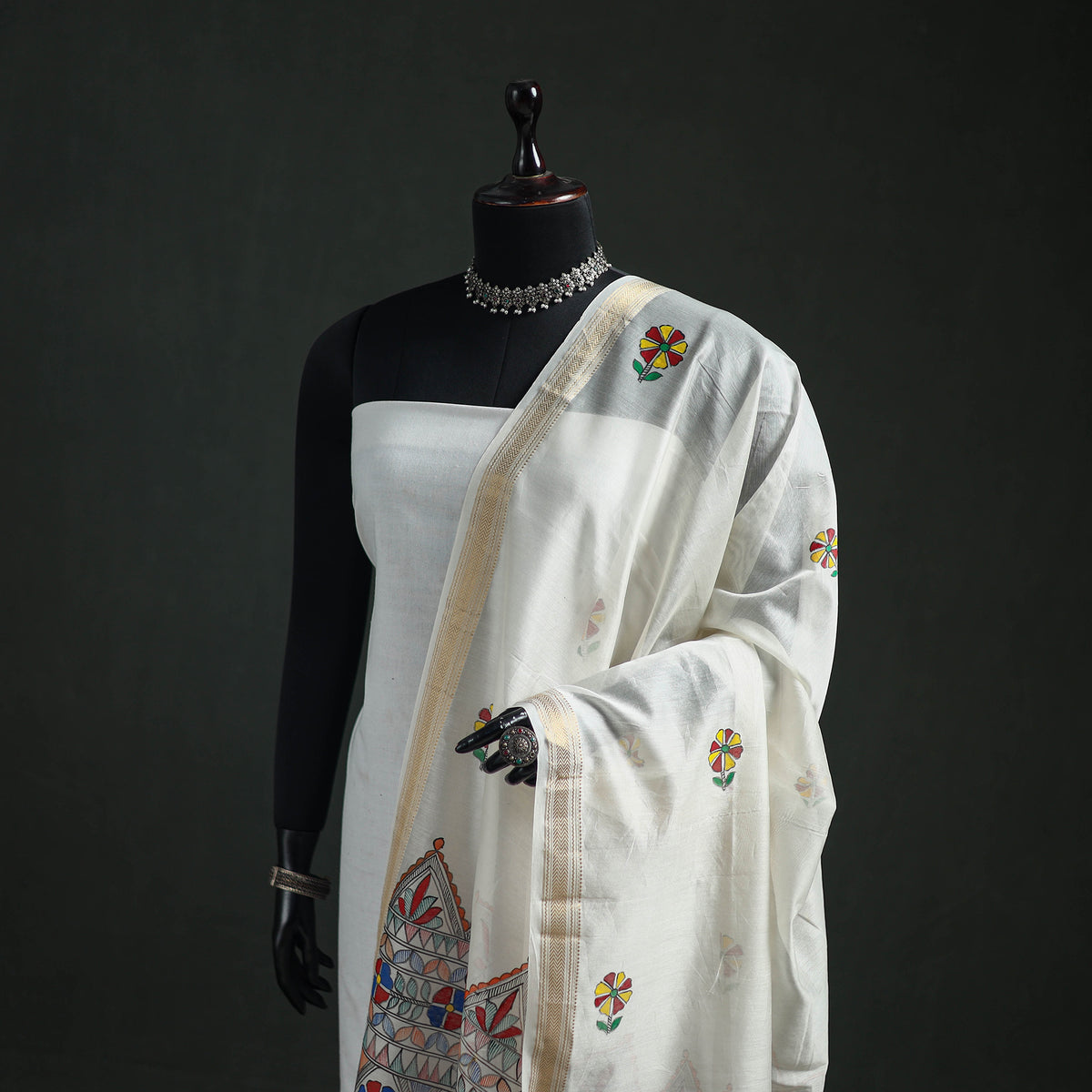 Handloom Chanderi Silk Handpainted Madhubani Dupatta with Zari Border 36