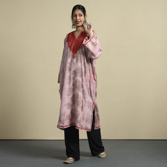 Pink - Shibori Tie-Dye Aari Embroidery Kashmiri Wool Pheran
