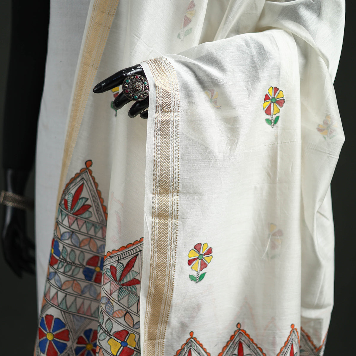 Handloom Chanderi Silk Handpainted Madhubani Dupatta with Zari Border 36