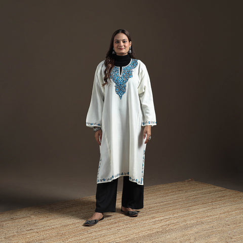 White - Kashmiri Sozni Hand Embroidered Handwoven Merino Wool Pheran 15