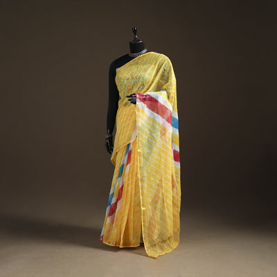 Yellow - Kota Doria Cotton Leheriya Tie-Dye Saree with Blouse Piece & Earrings 12
