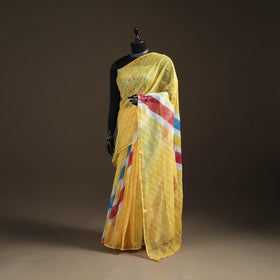 Yellow - Kota Doria Cotton Leheriya Tie-Dye Saree with Blouse Piece & Earrings 12
