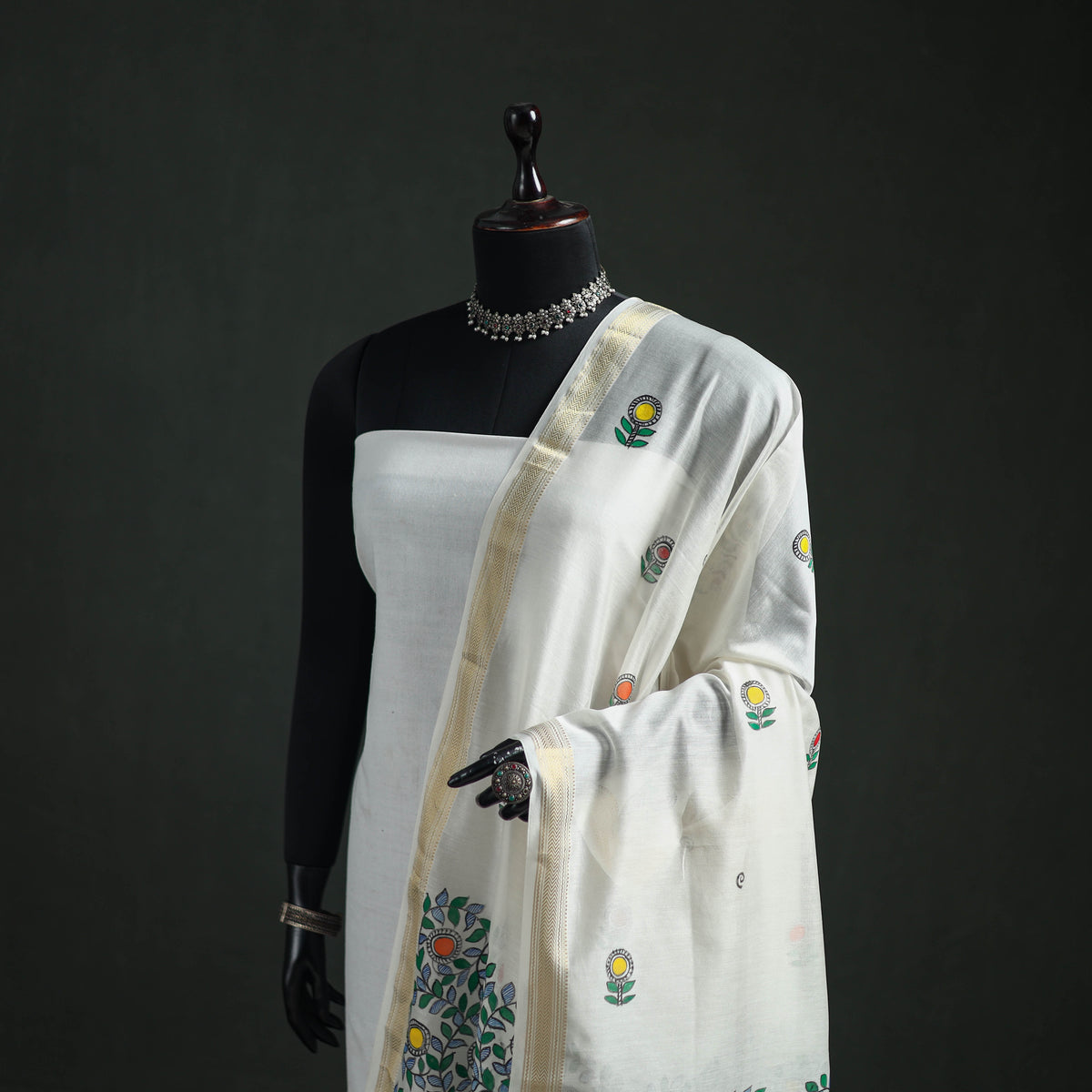 Handloom Chanderi Silk Handpainted Madhubani Dupatta with Zari Border 37