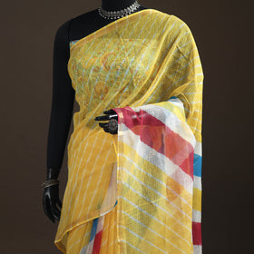 Yellow - Kota Doria Cotton Leheriya Tie-Dye Saree with Blouse Piece & Earrings 12