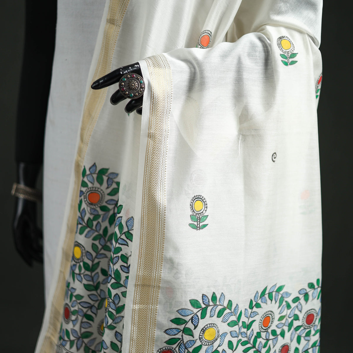 Handloom Chanderi Silk Handpainted Madhubani Dupatta with Zari Border 37