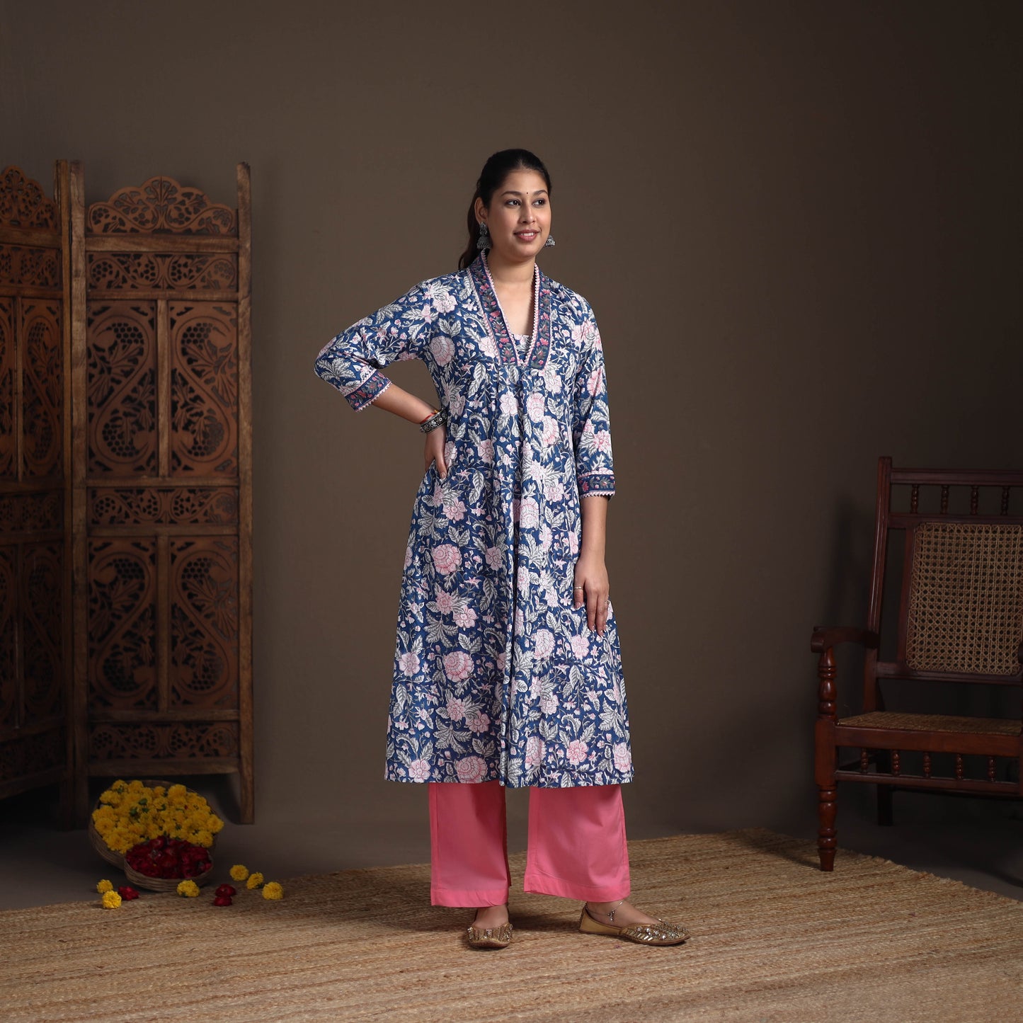 Floral Sanganeri Block Print Cotton A-Line Long Kurta for Women 10