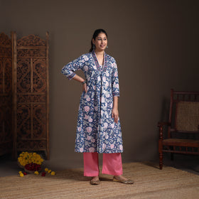 Floral Sanganeri Block Print Cotton A-Line Long Kurta for Women 10