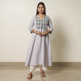 Grey Jhiri Handloom Cotton Ikat Patchwork A-Line Long Kurta