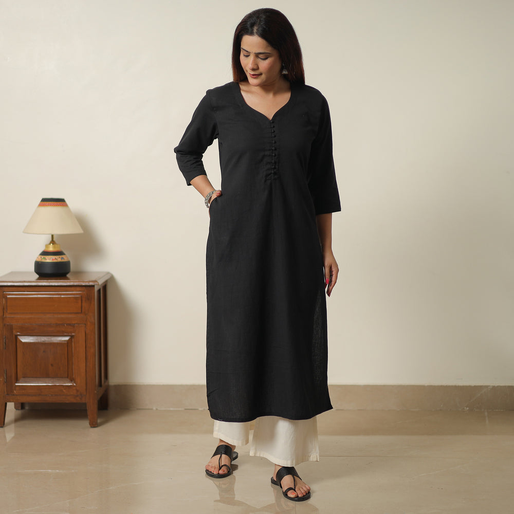 Black - Plain Flex Cotton Straight Kurta 01