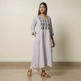 Grey Jhiri Handloom Cotton Ikat Patchwork A-Line Long Kurta