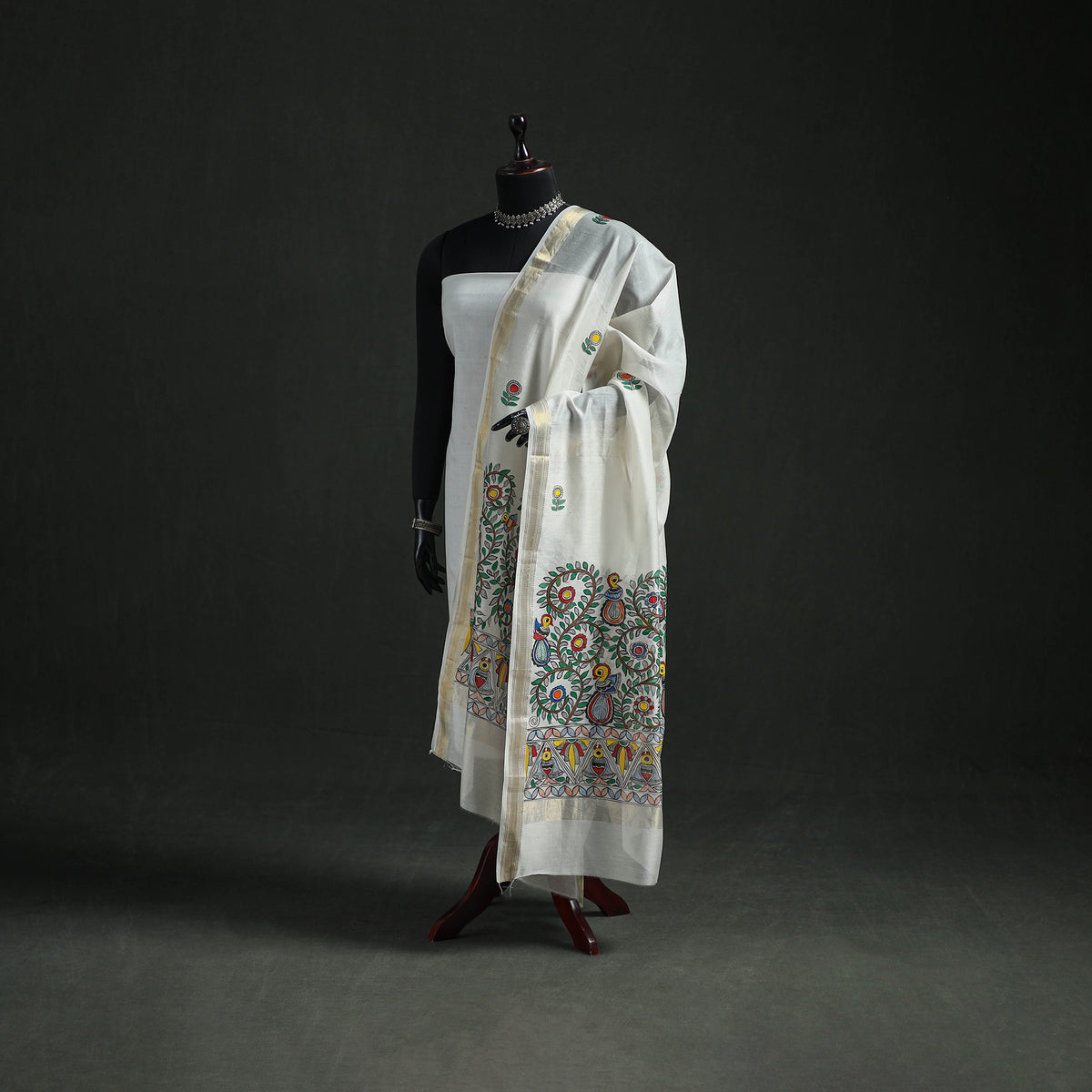 Handloom Chanderi Silk Handpainted Madhubani Dupatta with Zari Border 38