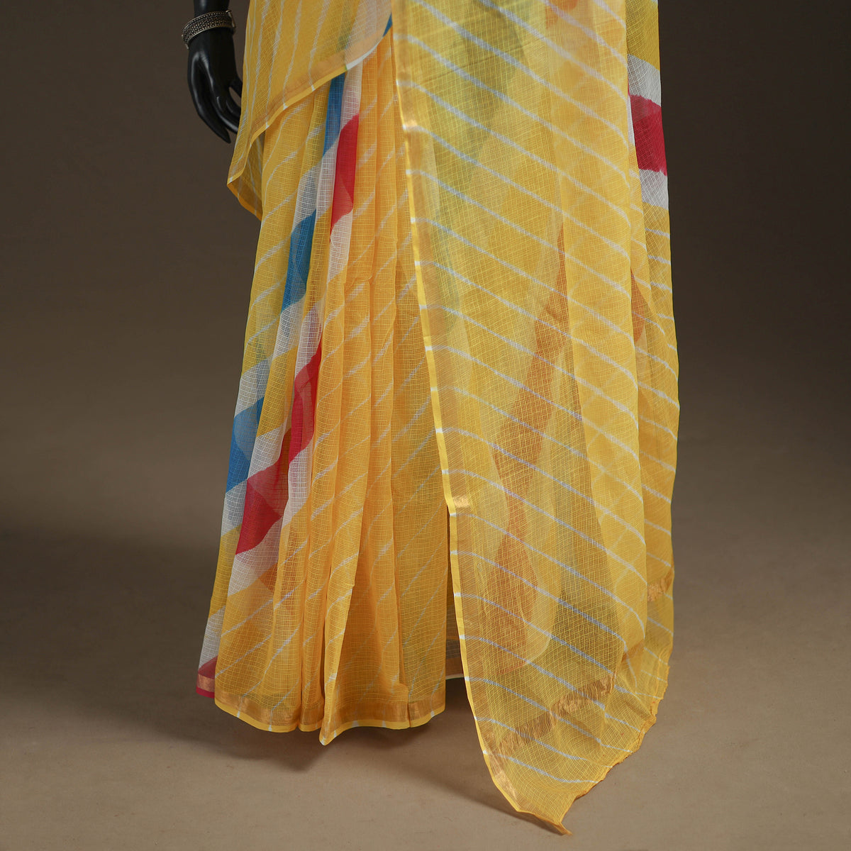Yellow - Kota Doria Cotton Leheriya Tie-Dye Saree with Blouse Piece & Earrings 12