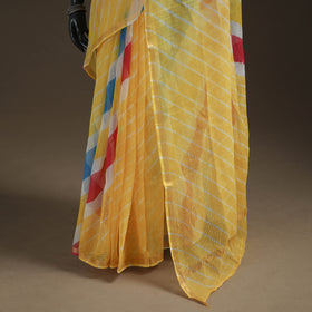 Yellow - Kota Doria Cotton Leheriya Tie-Dye Saree with Blouse Piece & Earrings 12