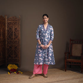 Floral Sanganeri Block Print Cotton A-Line Long Kurta for Women 10