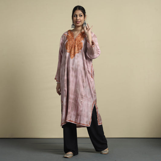 Pink - Shibori Tie-Dye Aari Embroidery Kashmiri Wool Pheran
