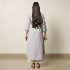 Grey Jhiri Handloom Cotton Ikat Patchwork A-Line Long Kurta