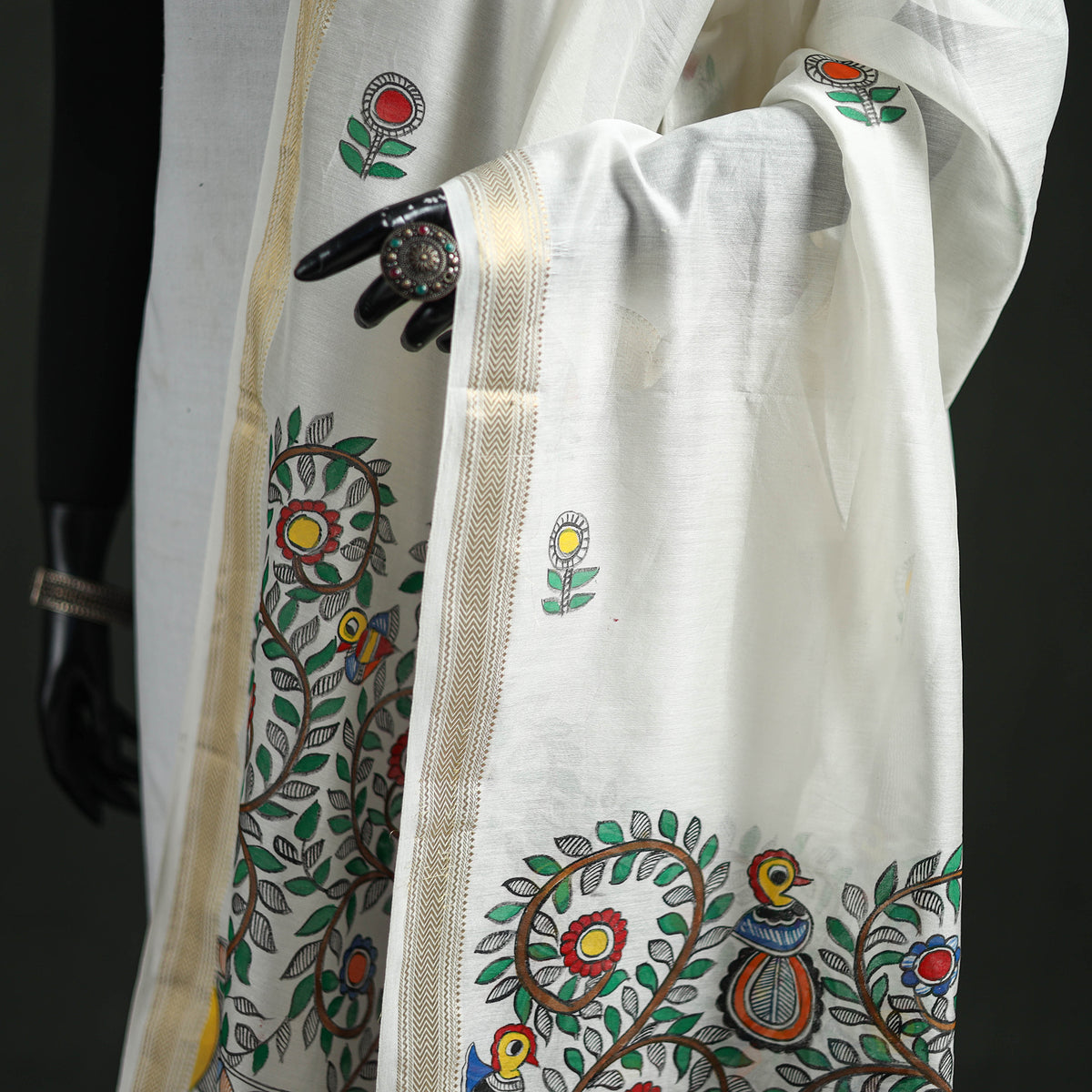 Handloom Chanderi Silk Handpainted Madhubani Dupatta with Zari Border 38