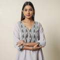 Grey Jhiri Handloom Cotton Ikat Patchwork A-Line Long Kurta