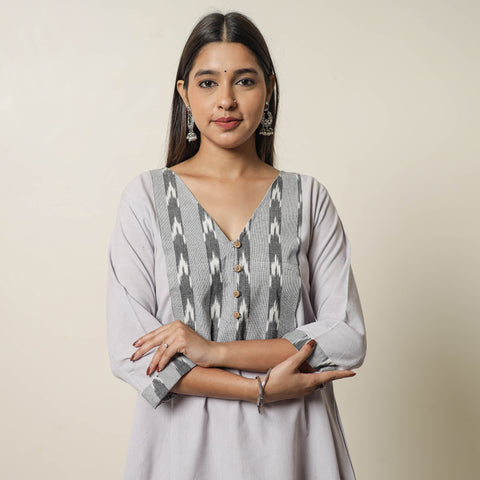 Grey Jhiri Handloom Cotton Ikat Patchwork A-Line Long Kurta
