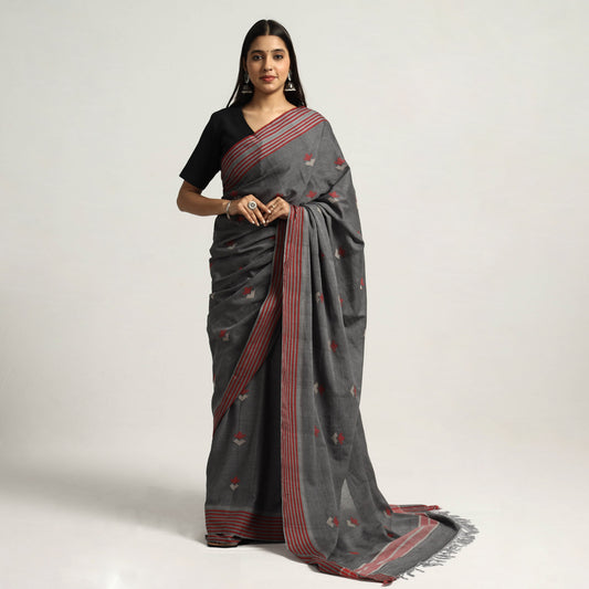 Charcoal Cotton Grey Saree with Red & Beige Buti